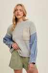 wishlist long sleeve mixed media sweater denim sleeve relaxed fit chest pocket color blocked trendy sweater