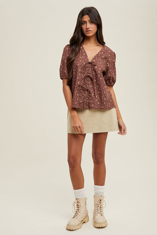 floral print bow tie front short sleeve blouse
