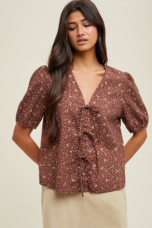 floral print bow tie front short sleeve blouse