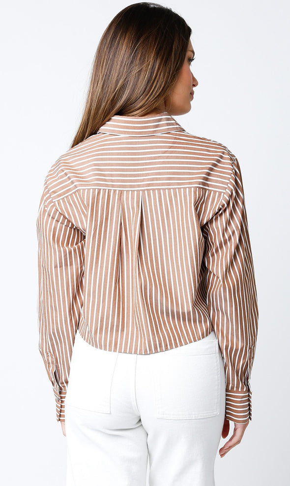 womens trendy cropped button up top stripe brown white collared classic shirt