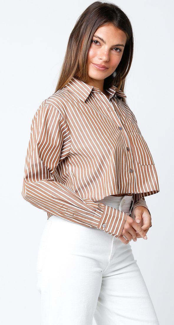 womens trendy cropped button up top stripe brown white collared classic shirt