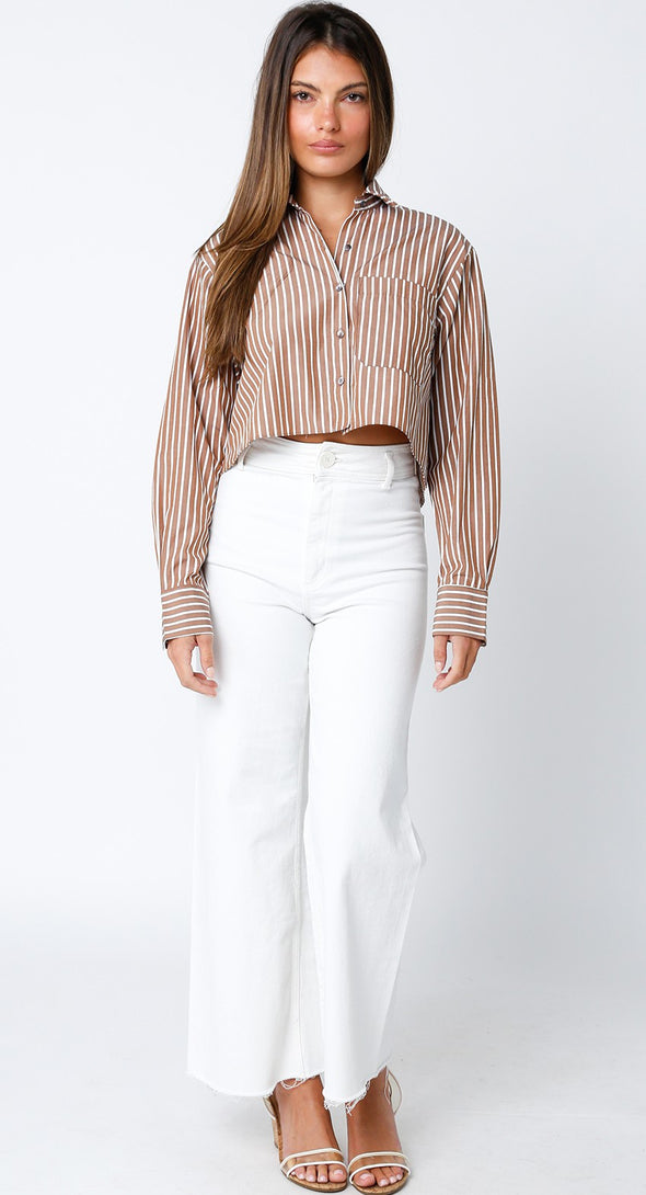 womens trendy cropped button up top stripe brown white collared classic shirt