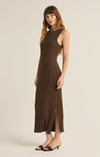 z supply raewyn rib dress sleeveless midi rib knit dark chocolate side slit fitted