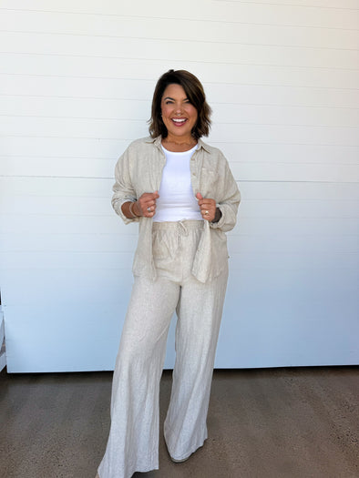 beige linen blend wide leg pants
