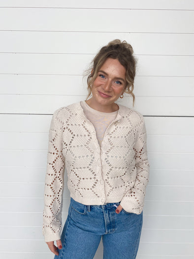 cream crochet open knit button up sweater z supply 