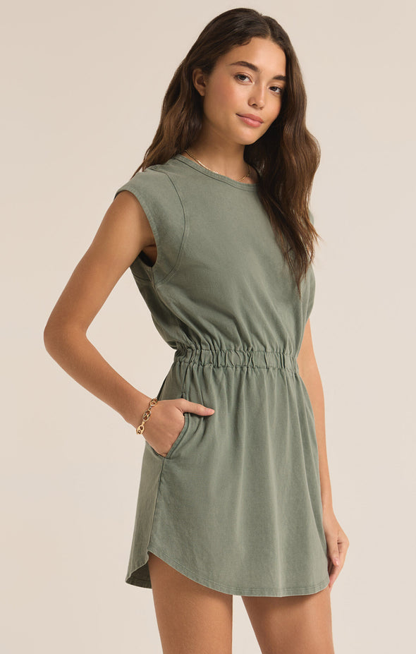 z supply paxton jersey dress palm green short sleeve mini dress elastic waist crewneck short sleeve casual summer fall dress