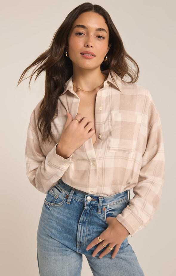 z supply river plaid button up putty tan cream collared long sleeve shirt relaxed fit fall top