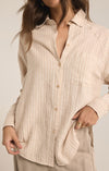 z supply the perfect line top putty lightweight linen blend button up collared top relaxed fit neutral stripe