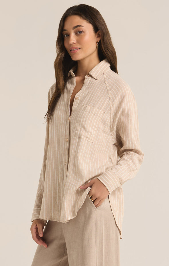 z supply the perfect line top putty lightweight linen blend button up collared top relaxed fit neutral stripe