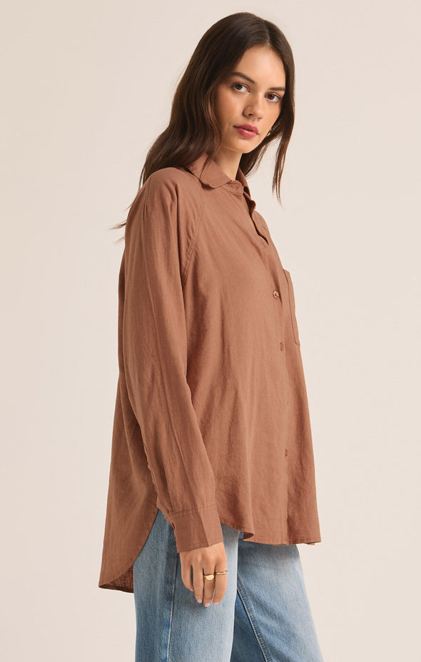 z supply the perfect linen top mocha mousse relaxed fit collared classic button up shirt