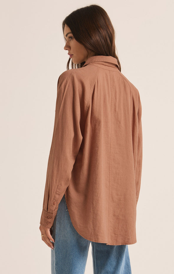 z supply the perfect linen top mocha mousse relaxed fit collared classic button up shirt