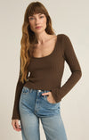 z supply madeline rib top dark chocolate brown long sleeve scoop neck fitted silhouette cropped basic layering top