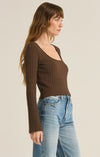 z supply madeline rib top dark chocolate brown long sleeve scoop neck fitted silhouette cropped basic layering top