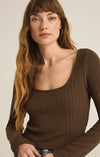 z supply madeline rib top dark chocolate brown long sleeve scoop neck fitted silhouette cropped basic layering top