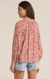 z supply carine lima floral top v-neckline peasant blouse red pink floral cactus flower relaxed fit long sleeve