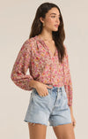 z supply carine lima floral top v-neckline peasant blouse red pink floral cactus flower relaxed fit long sleeve