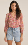 z supply carine lima floral top v-neckline peasant blouse red pink floral cactus flower relaxed fit long sleeve