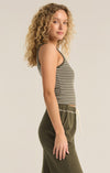 z supply essy stripe rib top scoop neck wide strap fitted silhouette cropped length basic tank fossil green stripe