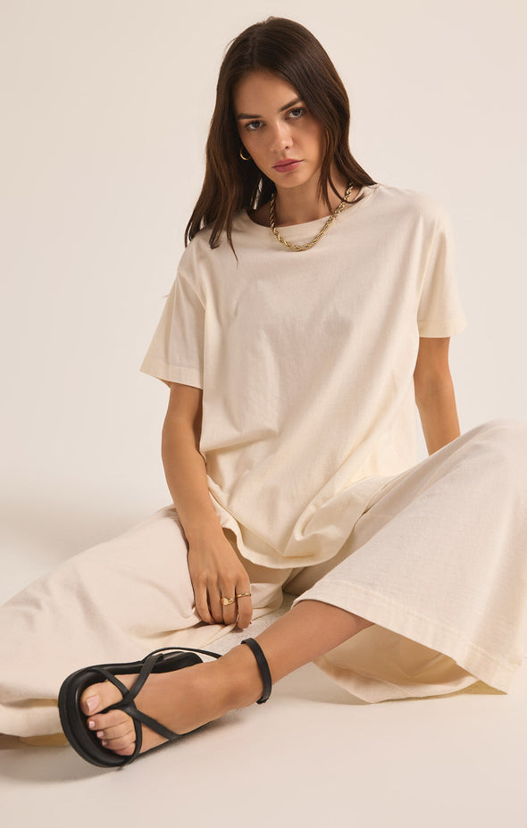 z supply shayla crewneck top short sleeve longer length oversized fit side slits crewneck sea salt cream basic t-shirt