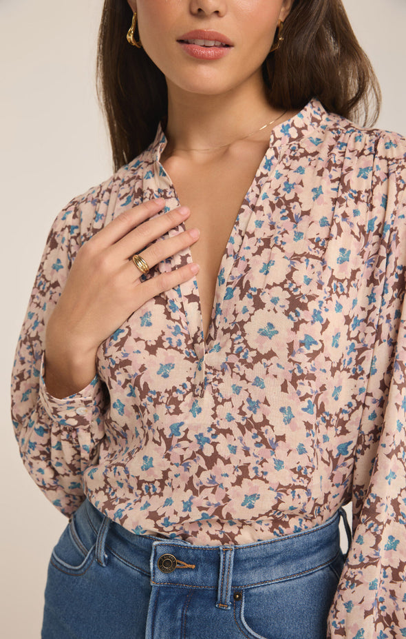 z supply esme la paz floral blouse v-neck long sleeve relaxed fit feminine fall dressy top latte tan