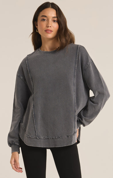 z supply replay sweatshirt black sand crew neckline relaxed fit curved hemline ribbed details exposed seams oversized sweatshirt