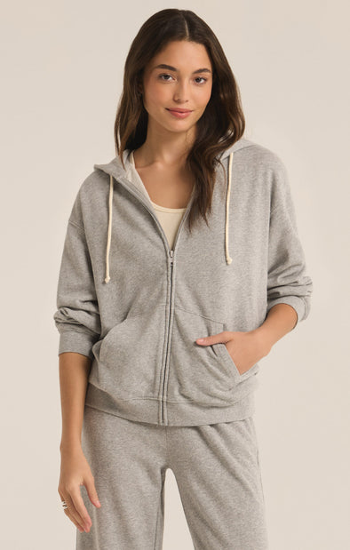 z supply academy zip up hoodie classic heather grey drawstring hood front pockets relaxed fit lounge sweatshirt