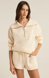 z supply sonata fleece sweatshirt sea salt lounge top collared zip neckline relaxed fit super soft fleece cream