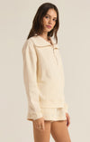 z supply sonata fleece sweatshirt sea salt lounge top collared zip neckline relaxed fit super soft fleece cream