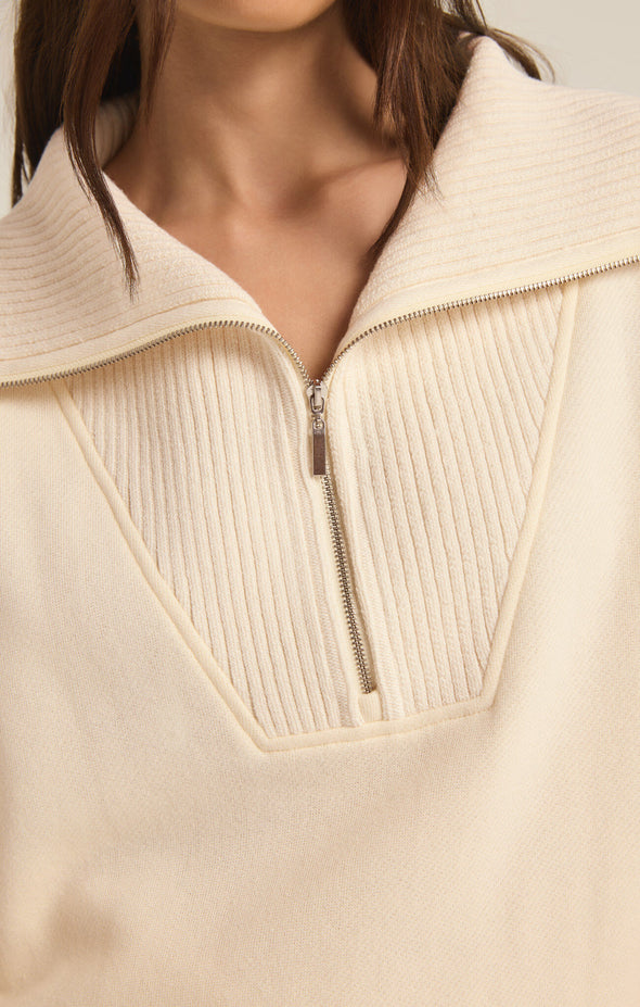 z supply sonata fleece sweatshirt sea salt lounge top collared zip neckline relaxed fit super soft fleece cream