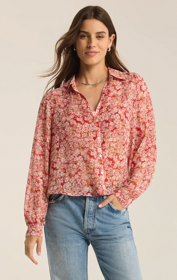 z supply vivienne floral print top collared v-neck floral blouse long sleeve crimson crush