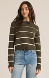 z supply milan stripe sweater grape leaf olive crew neckline cropped length lightweight long sleeve horizontal stripes