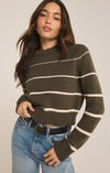 z supply milan stripe sweater grape leaf olive crew neckline cropped length lightweight long sleeve horizontal stripes