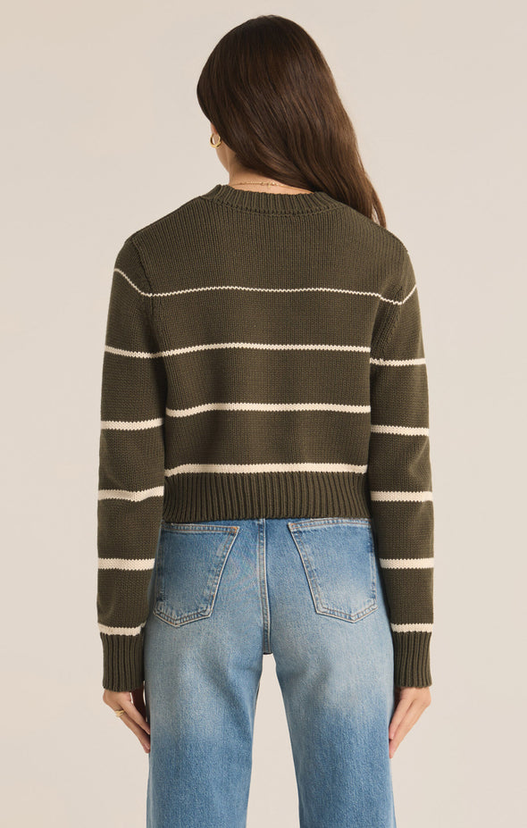 z supply milan stripe sweater grape leaf olive crew neckline cropped length lightweight long sleeve horizontal stripes