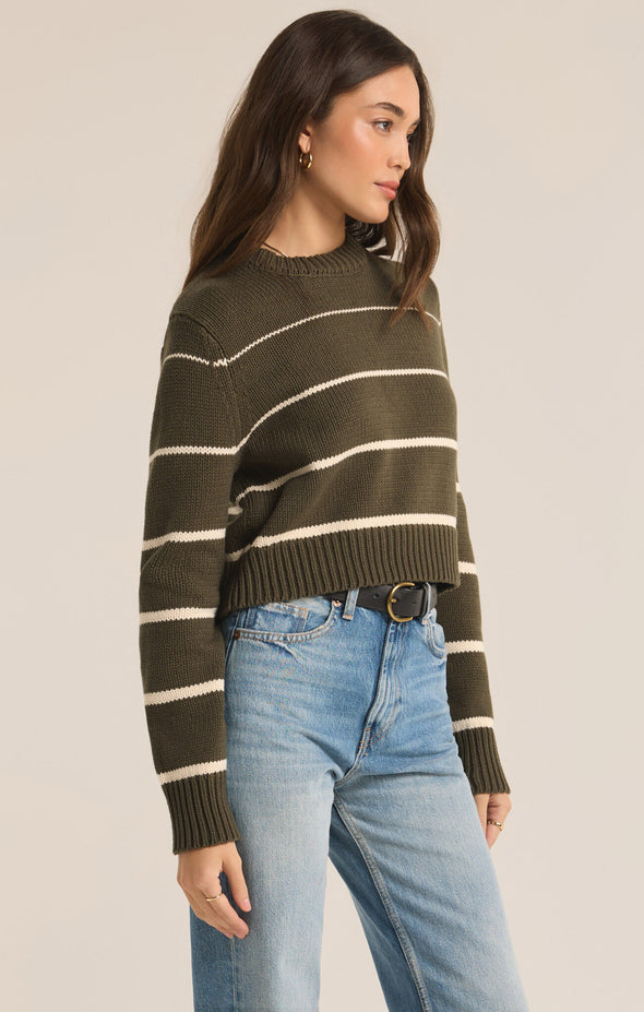 z supply milan stripe sweater grape leaf olive crew neckline cropped length lightweight long sleeve horizontal stripes