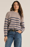 z supply boyfriend stripe sweater heather taupe navy crew neckline ribbed details relaxed fit basic stripe sweater