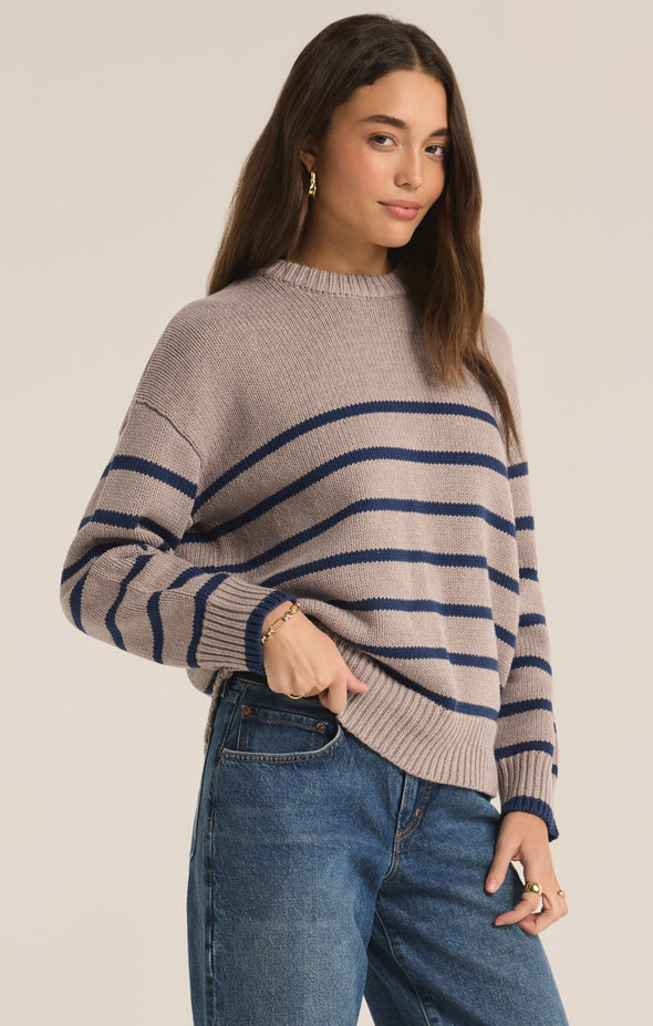 z supply boyfriend stripe sweater heather taupe navy crew neckline ribbed details relaxed fit basic stripe sweater