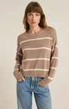 z supply sienna stripe sweater latte crew neck relaxed fit mid length long sleeve lightweight basic sweater