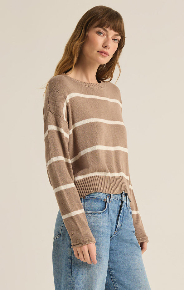 z supply sienna stripe sweater latte crew neck relaxed fit mid length long sleeve lightweight basic sweater