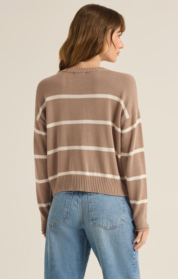 z supply sienna stripe sweater latte crew neck relaxed fit mid length long sleeve lightweight basic sweater