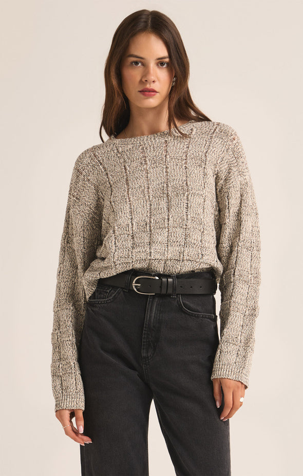 z supply ambrose pullover sweater fossil relaxed fit crew neckline long sleeve checkered textured knit sweater