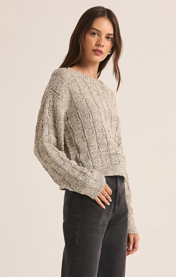 z supply ambrose pullover sweater fossil relaxed fit crew neckline long sleeve checkered textured knit sweater