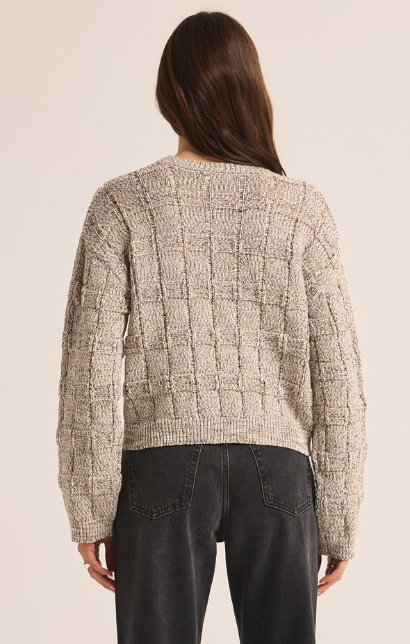 z supply ambrose pullover sweater fossil relaxed fit crew neckline long sleeve checkered textured knit sweater