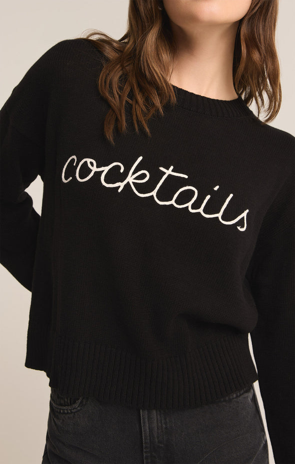 zsupply cocktails sweater black crew neckline embroidered graphic detail long sleeve pullover slightly cropped relaxed fit graphic sweater