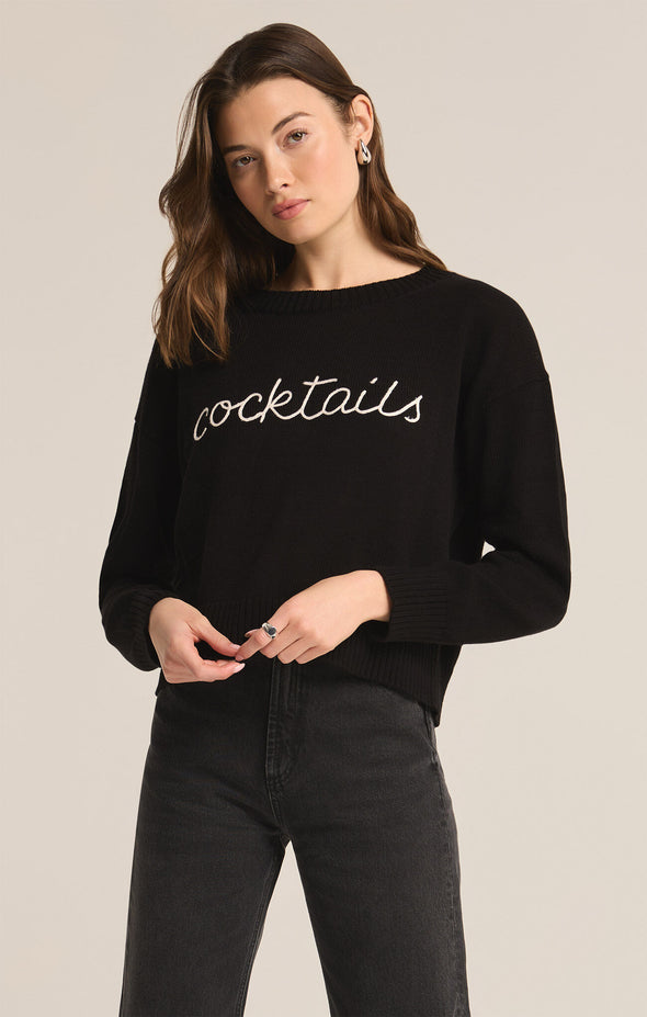 zsupply cocktails sweater black crew neckline embroidered graphic detail long sleeve pullover slightly cropped relaxed fit graphic sweater