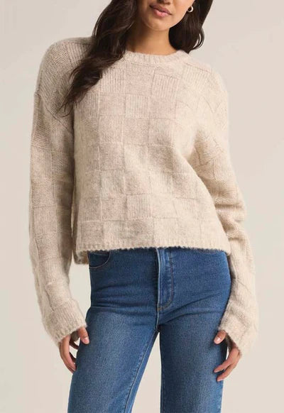 delilah z supply checkered sweater heather oatmeal crew neck 